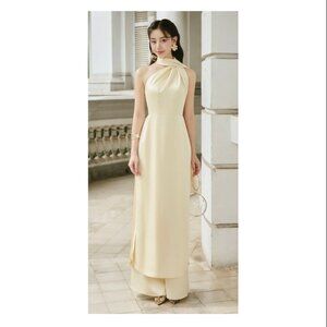 Ao Dai - A-line Scarf Neck Silk Satin Midi Set w/ Pants - Ivory - Bridal - Small